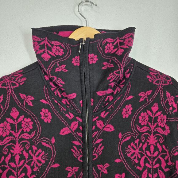 Chico's Silk Blend Cardigan Jacket sz 2 - L Black Magenta Pink Zip Front Pockets - Picture 3 of 13